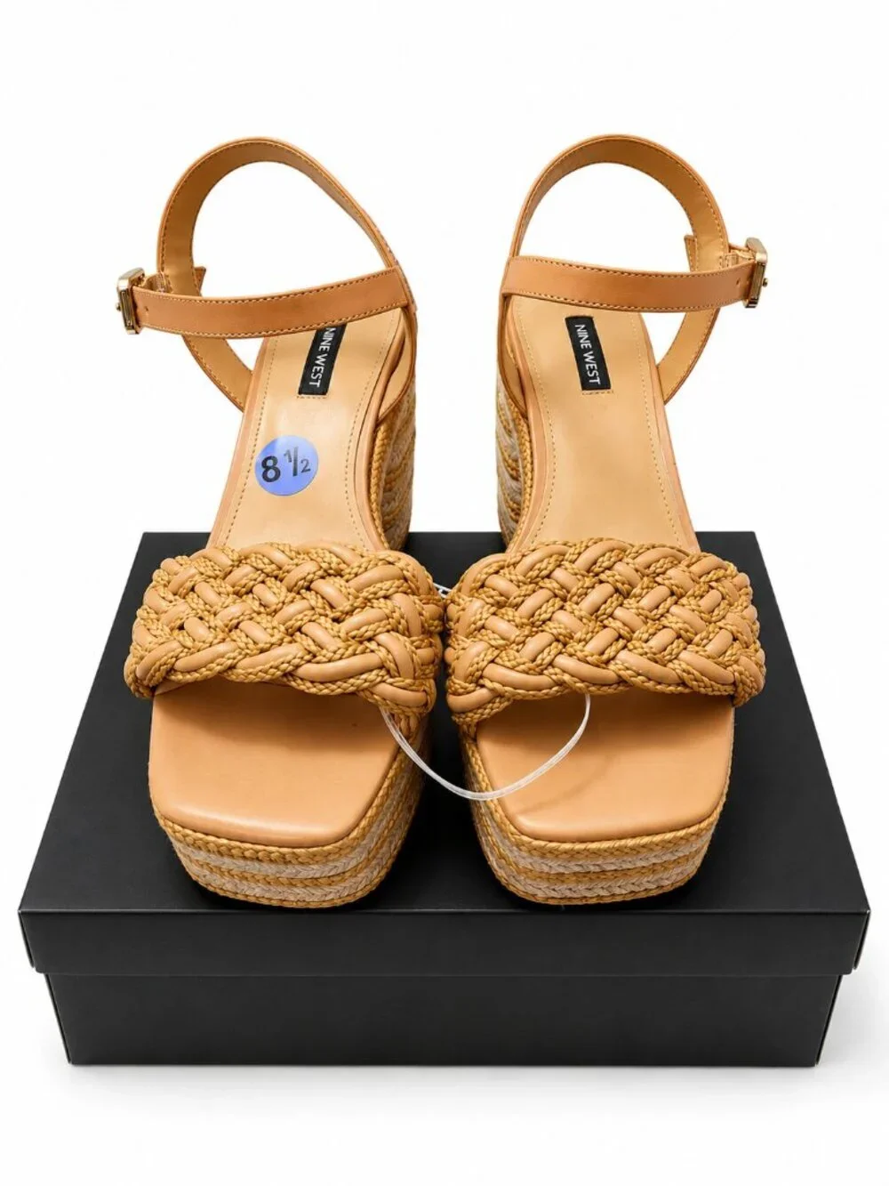 Nine West Same Tan Braided Platform Espadrille Block Heel Sandals 8.5M